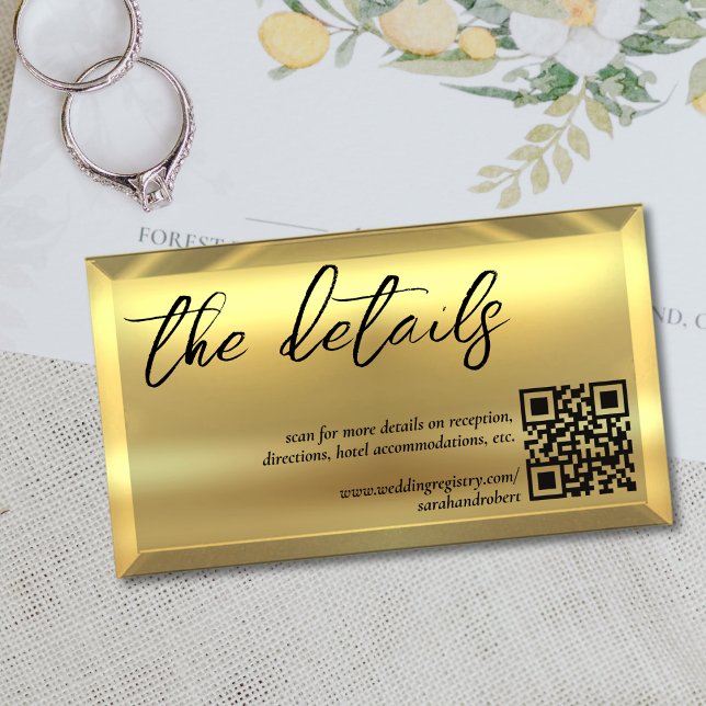 Tarjeta De Recepción Detalles de la boda elegante del código QR de la b (Gold Bar QR Code Elegant Wedding Details Enclosure Card)