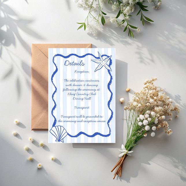 Tarjeta De Recepción Detalles de la boda en la playa de la frontera ond (Seashells blue wavy border beach wedding invitation details enclosure cards)