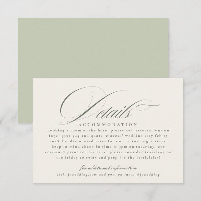 Tarjeta De Recepción Detalles de la Boda Formal de Pistacho (Anverso / Reverso)