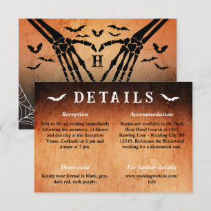 Tarjeta De Recepción Detalles de la boda gótica de Halloween con corazó