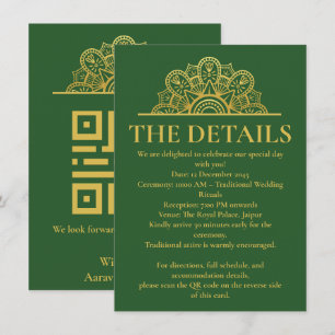 Tarjeta De Recepción Detalles de la Boda Hindú Mandala Verde Profundo y