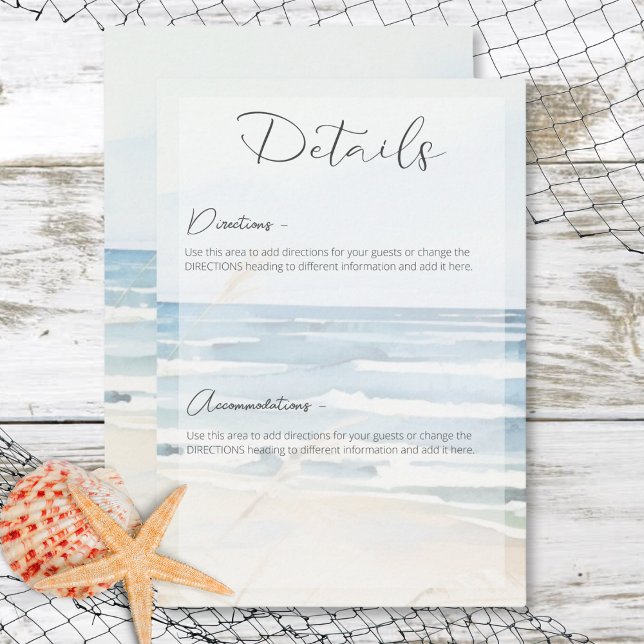 Tarjeta De Recepción Detalles de la boda playera de acuarela costera mo (Modern Seaside Watercolor Beach Wedding Details Enclosure Card)