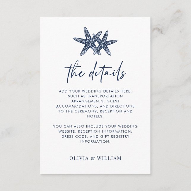 Tarjeta De Recepción Detalles de la boda Starfish Modern Navy Blue Beac (Anverso)