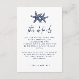 Tarjeta De Recepción Detalles de la boda Starfish Modern Navy Blue Beac