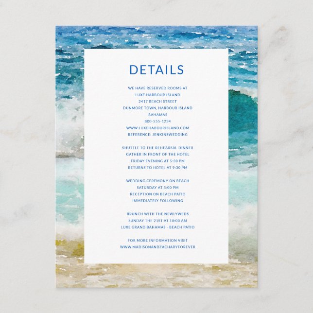 Tarjeta De Recepción Detalles de la boda tropical de la playa (Anverso)