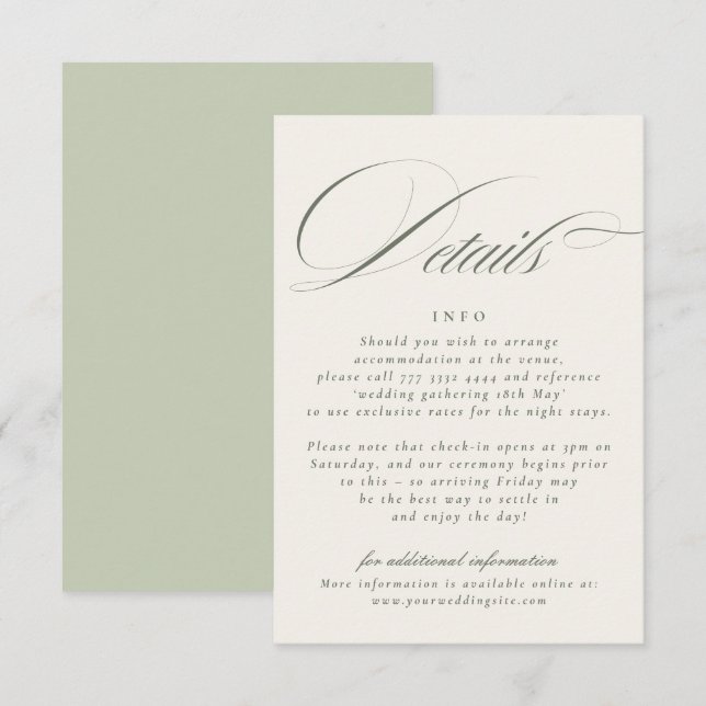 Tarjeta De Recepción Detalles de la Boda Verde Pistacho (Anverso / Reverso)