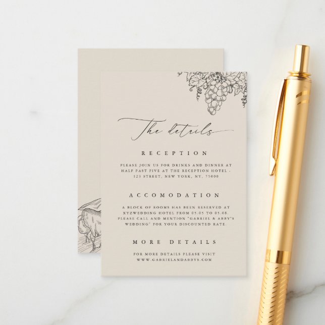 Tarjeta De Recepción Detalles de la bodega de vinos Napa Boda de Viñerí (Anverso/Reverso In Situ)