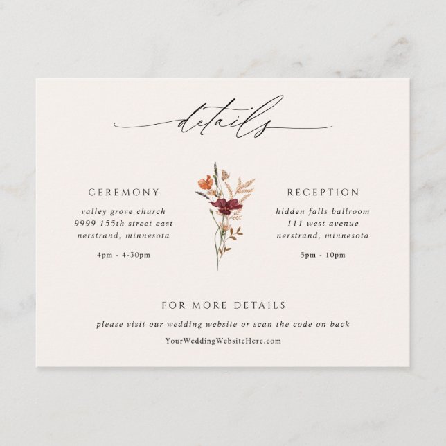 Tarjeta De Recepción Detalles de la Boho Wildflowers Fall Wedding (Anverso)