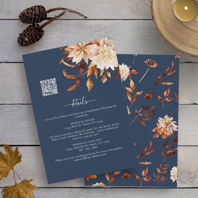 Tarjeta De Recepción Detalles de la caída de la marina (Watercolor Navy Blue Autumn Floral Details Enclosure Card with QR Code by Painted Paperie
)