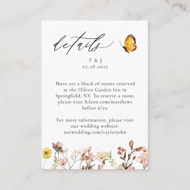 Tarjeta De Recepción Detalles de la caligrafía floral Peach Wildflower (Anverso)