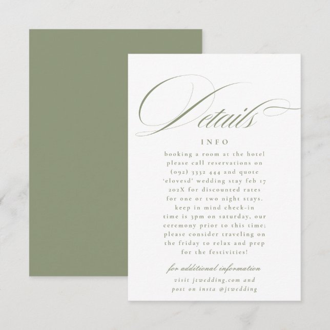 Tarjeta De Recepción Detalles de la caligrafía formal Sage Green Boda (Anverso / Reverso)