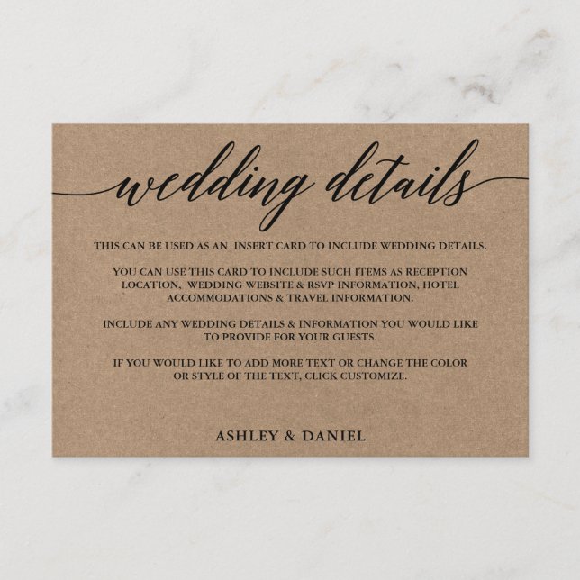 Tarjeta De Recepción Detalles de la caligrafía moderna Kraft Boda (Anverso)
