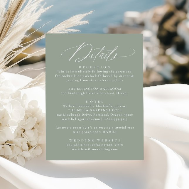Tarjeta De Recepción Detalles de la caligrafía moderna Sage Green Boda (Subido por el creador)