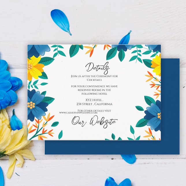 Tarjeta De Recepción Detalles de la elegante boda amarilla floral azul (Yellow Blue Floral Elegant Wedding Details Enclosure Card)