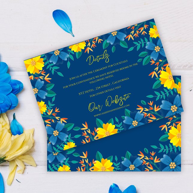 Tarjeta De Recepción Detalles de la elegante boda amarilla floral azul (Yellow Blue Floral Elegant Wedding Details Enclosure Card)