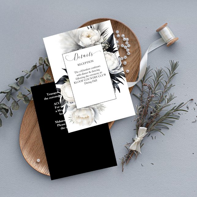 Tarjeta De Recepción Detalles de la elegante boda del boho blanco y neg (Black and white boho elegant wedding details enclosure card white peonies black foliage modern card)