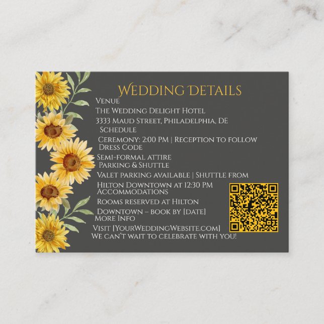 Tarjeta De Recepción Detalles de la elegante boda del girasol rústico (Anverso)