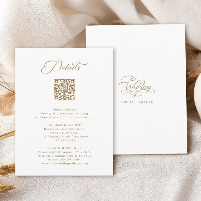 Tarjeta De Recepción Detalles de la elegante boda dorada y blanca (Front & Back)