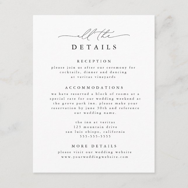 Tarjeta De Recepción Detalles de la elegante boda en blanco y negro (Anverso)