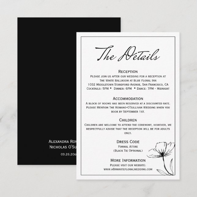 Tarjeta De Recepción Detalles de la elegante boda en blanco y negro (Anverso / Reverso)