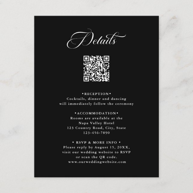 Tarjeta De Recepción Detalles de la elegante y elegante boda negra (Anverso)