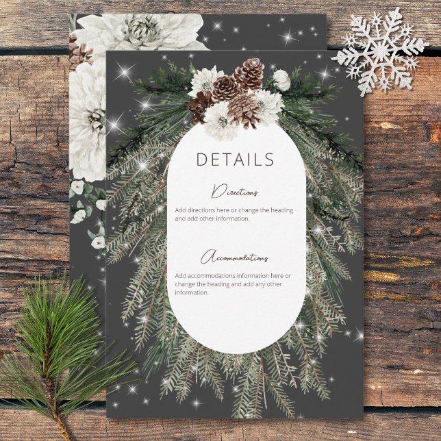 Tarjeta De Recepción Detalles de la espuma de invierno de Boho Charcoal (Boho Charcoal Pine Winter Sparkle Details Enclosure Card)