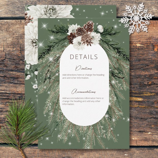 Tarjeta De Recepción Detalles de la espuma de invierno de pino verde ru (Rustic Green Pine Winter Sparkle Details Enclosure Card)