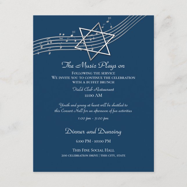Tarjeta De Recepción Detalles de la Estrella Musical de David Mitzvah (Anverso)