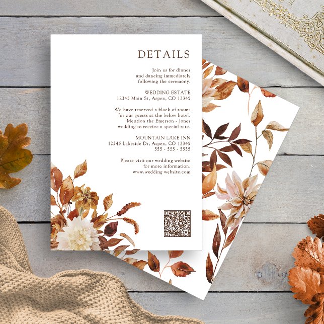 Tarjeta De Recepción Detalles de la flor de otoño (White Fall Terracotta Floral Details Enclosure Card QR Code by Painted Paperie
)