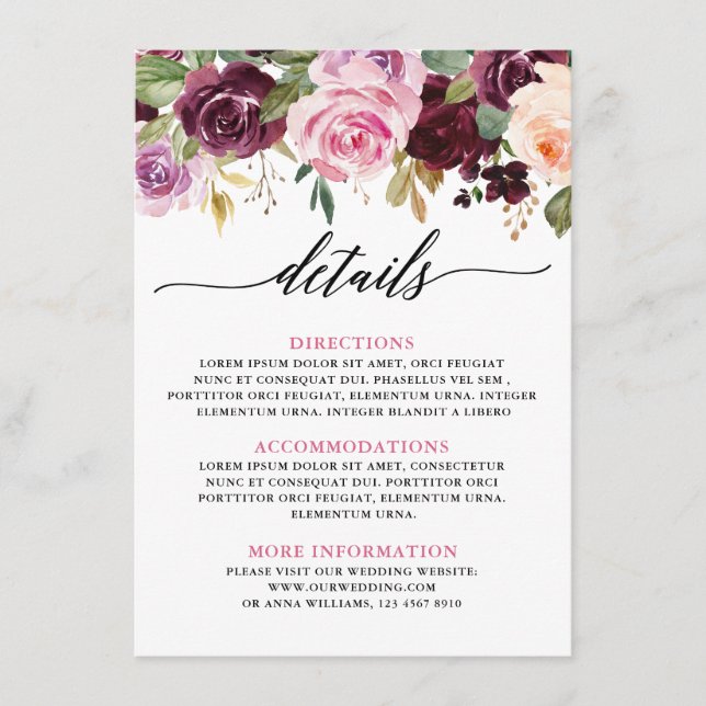 Tarjeta De Recepción Detalles de la floral bruta rosa Plum Purple Rubor (Anverso)