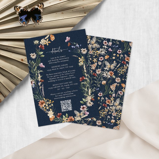 Tarjeta De Recepción Detalles de la floral Navy Blue Boho (Navy Blue Boho Floral Details Enclosure Card with QR Code by Painted Paperie
)