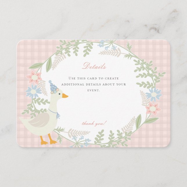 Tarjeta De Recepción Detalles de la floral rosa Silly Goose Gingham (Anverso)