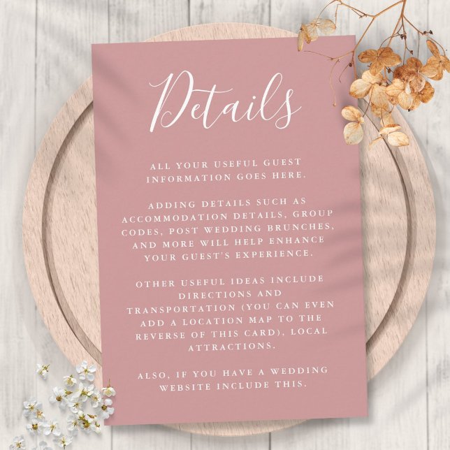 Tarjeta De Recepción Detalles de la información del invitado del guión  (Dusty Rose Script Guest Information Details Enclosure Card)