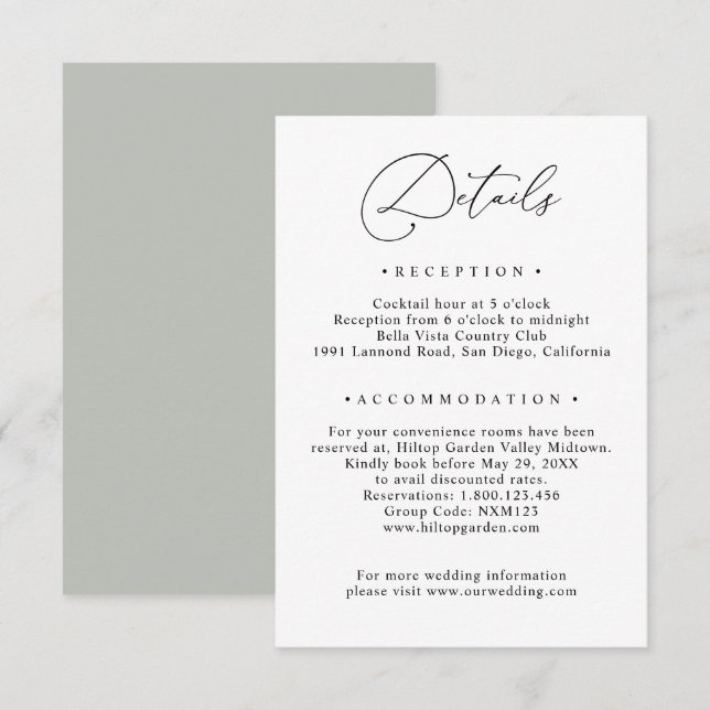 Tarjeta De Recepción Detalles de la información sobre el Boda verde del (Anverso / Reverso)