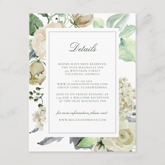 Tarjeta De Recepción Detalles de la invitada de Megan White Roses Green (Anverso)