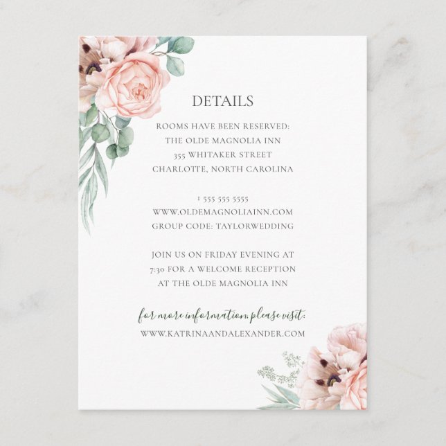Tarjeta De Recepción Detalles de la invitada del Boda floral rosa Katri (Anverso)