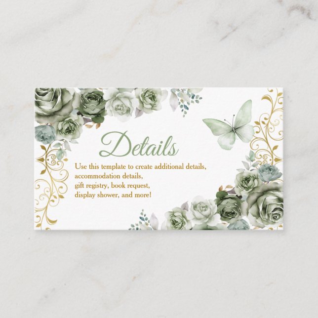 Tarjeta De Recepción Detalles de la Mariposa Verde Quinceañera Gold & S (Anverso)