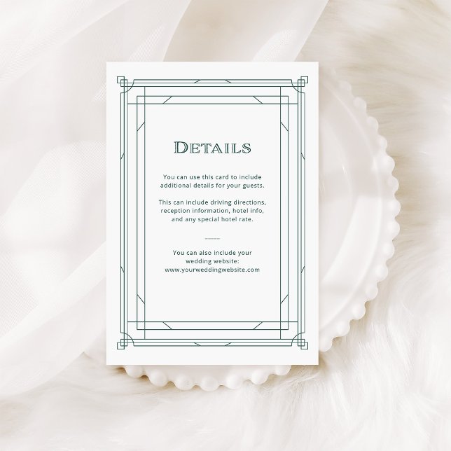 Tarjeta De Recepción Detalles de la moderna decoración verde y plateado (An elegant, green and white art deco style guest details card for your holiday wedding)