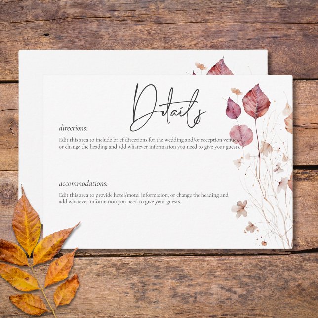 Tarjeta De Recepción Detalles de la ruidosa caída de la rubia borgoña (Rustic Delicate Burgundy Rust Fall Leaves Details Enclosure Card)