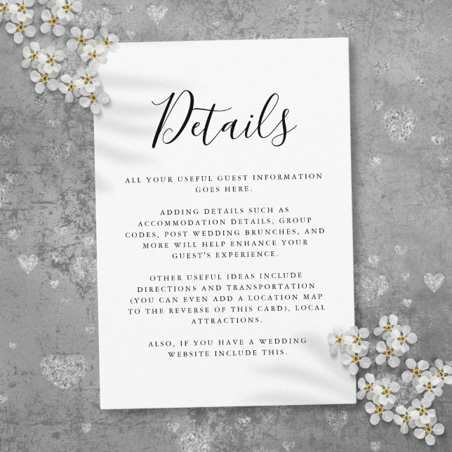 Tarjeta De Recepción Detalles de la secuencia de comandos de informació (Black And White Guest Information Script Details Enclosure Card)