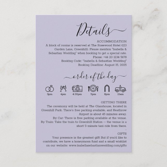 Tarjeta De Recepción Detalles de Lila Lavanda de Boda (Anverso)