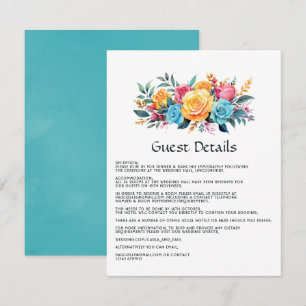 Tarjeta De Recepción Detalles de los huéspedes con flores turquesa, ama