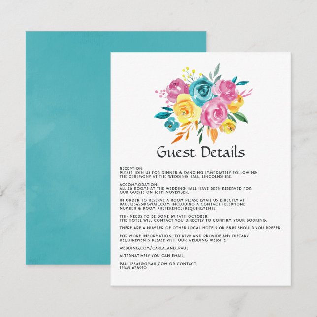 Tarjeta De Recepción Detalles de los huéspedes con flores turquesa, ama (Anverso / Reverso)