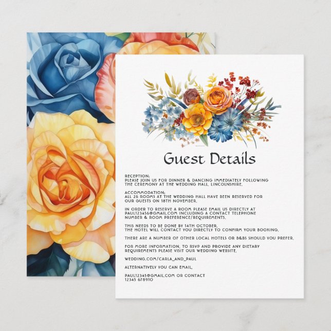 Tarjeta De Recepción Detalles de los invitados azul, Naranja, amarillo  (Anverso / Reverso)