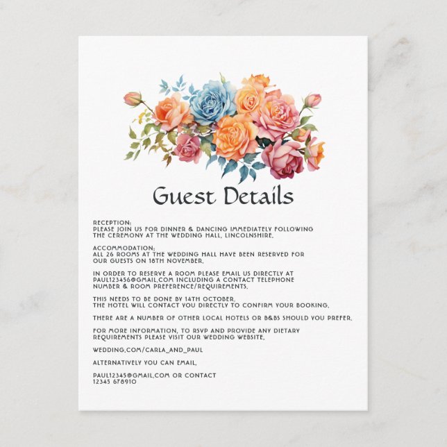 Tarjeta De Recepción Detalles de los invitados florales azules, rosas,  (Anverso)