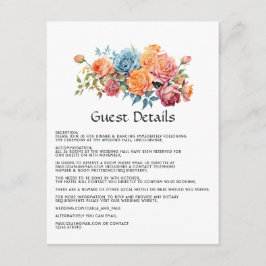 Tarjeta De Recepción Detalles de los invitados florales azules, rosas, 