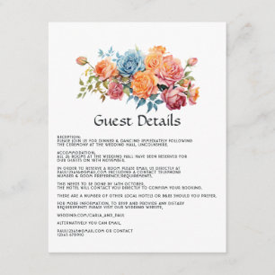 Tarjeta De Recepción Detalles de los invitados florales azules, rosas,