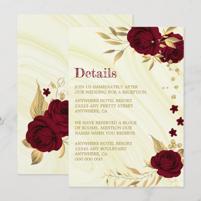 Tarjeta De Recepción detalles de mármol floral de oro burdeos (Anverso / Reverso)