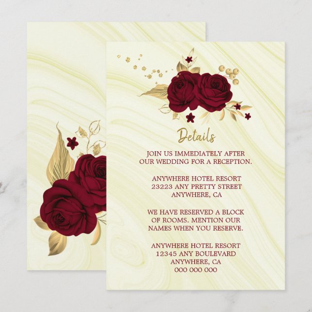 Tarjeta De Recepción detalles de mármol floral de oro burdeos (Anverso / Reverso)