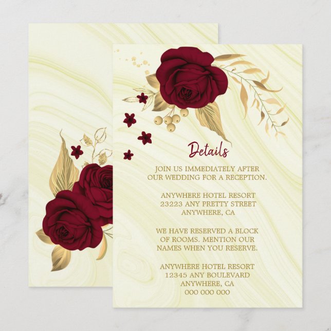 Tarjeta De Recepción detalles de mármol floral de oro burdeos (Anverso / Reverso)